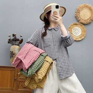 新款 女2026春季 休闲显瘦上衣宽松衬衣棉纱 格子衬衫 洋气外搭长袖