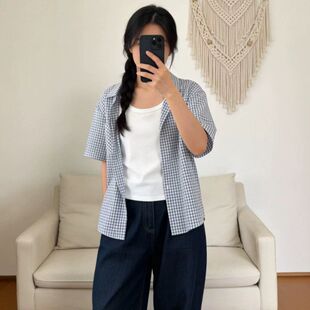 洋气口袋印花格子短袖衬衫女2026夏季新款宽松显瘦上衣格纹衬衣