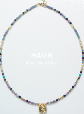 Mau.N招财猫猫喵星人蓝紫色进口米珠串珠天然珍珠包金项链颈链