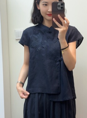 羽翎】夏季亚麻短袖新中式斜襟气质刺绣复古女士衬衫 7746