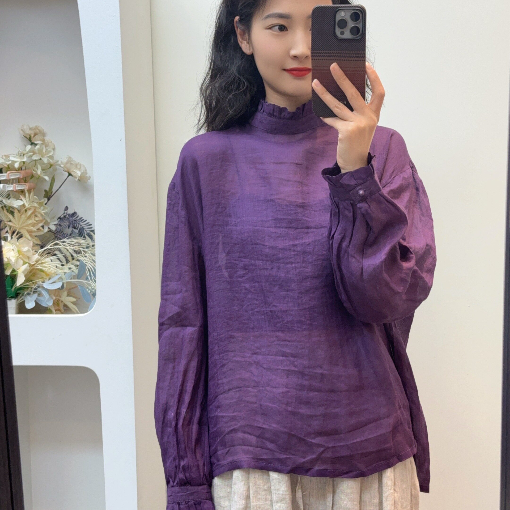 【羽翎】夏季新款苎麻花边领休闲女士防晒衬衫 420