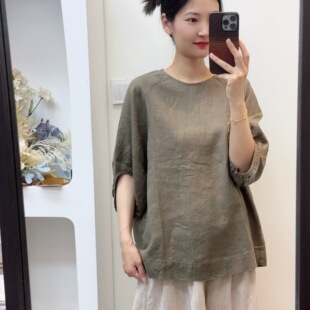 夏季新款韩版宽松中袖亚麻上衣时尚百搭女款衬衫 67102