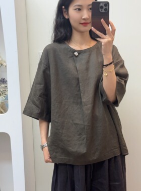 【羽翎】夏季新款亚麻贝壳扣圆领短袖女士衬衫 7043