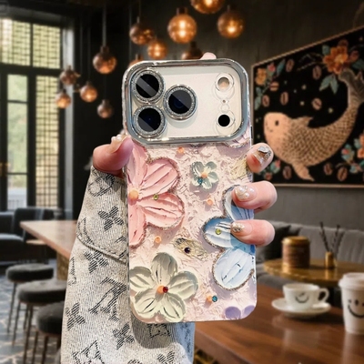 适用iphone16promax手机壳苹果17pro蓝光油画花朵15韩风女款16镜头全包17promax高级感13pm新款14保护套12/11