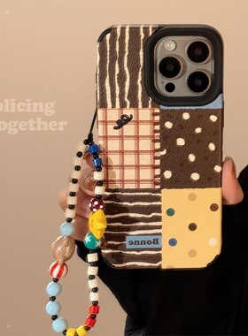 复古ins风波点拼接适用iphone16promxa苹果17手机壳15plus皮质14挂链13新款17air超好看12pm挂绳11防摔保护套