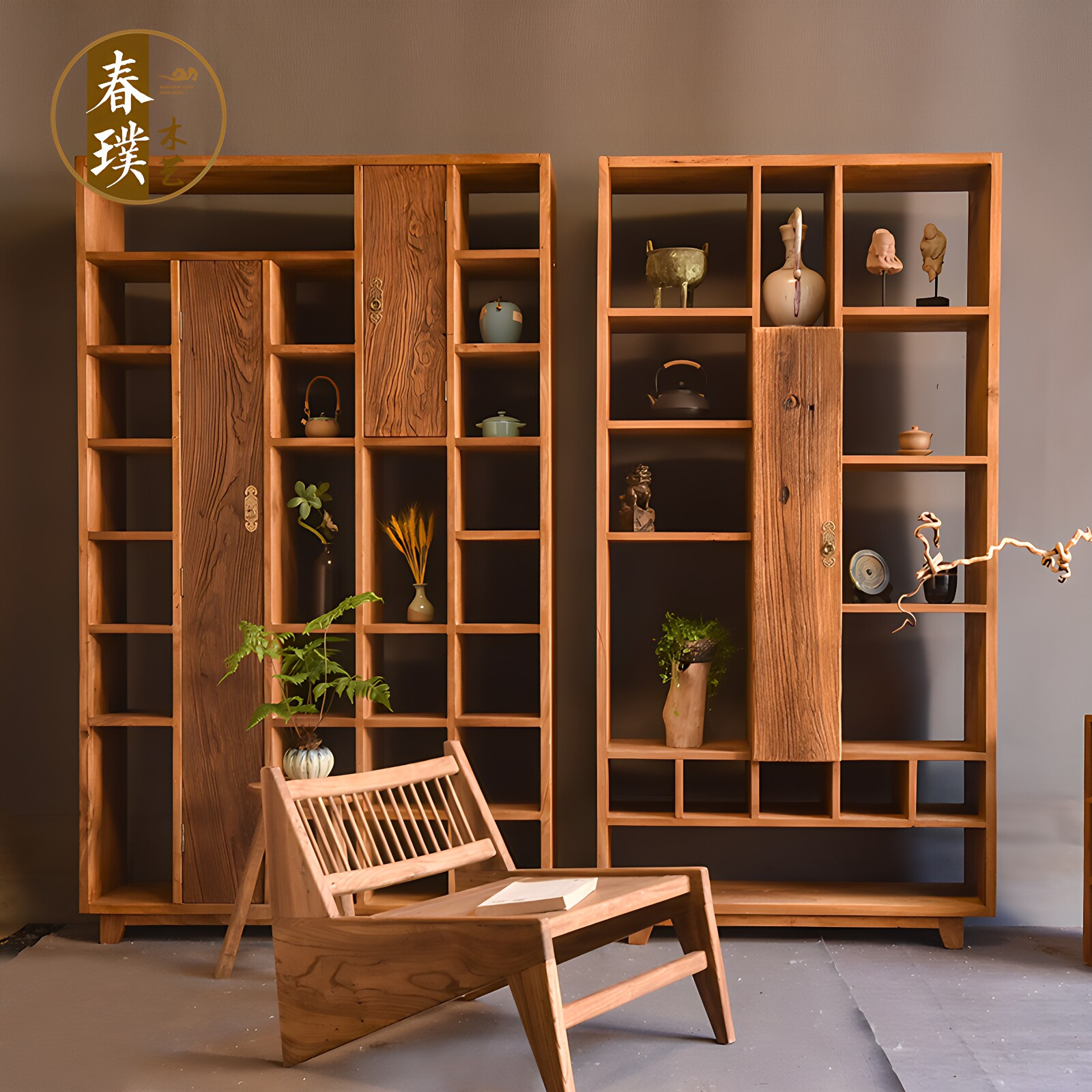 侘寂风博古架实木书架老榆木展示柜中古风落地书柜茶具茶杯多宝阁