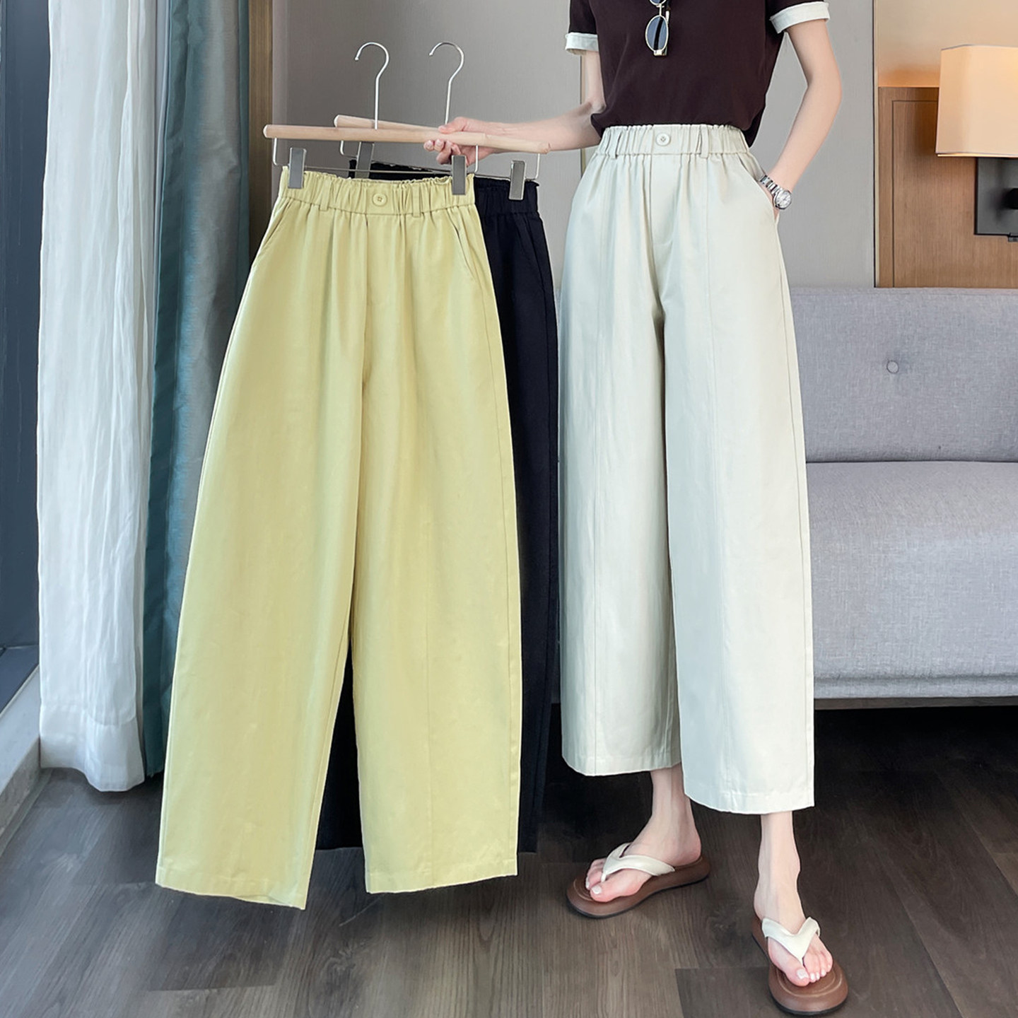 小个子纯棉弯刀阔腿裤女宽松夏季薄款九分休闲裤高腰八分直筒裤子