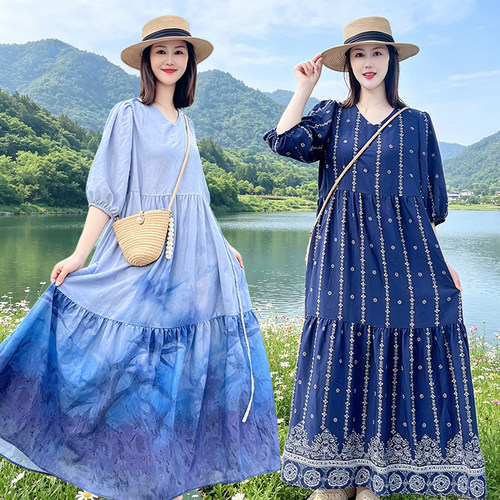 夏季棉绸V领A字显瘦连衣裙