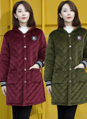 冬季加绒加厚款保暖棉袄大码外套妈妈装罩衣女外穿中长款连帽棉衣