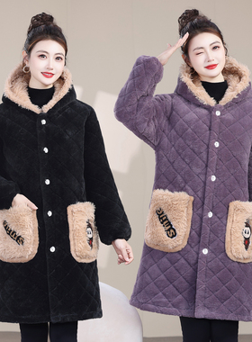冬季洋气连帽棉服女中长款加绒加厚款菱形格保暖棉袄时尚外套棉衣