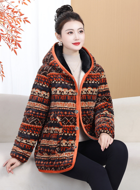 冬季棉服女短款连帽小个子妈妈装碎花加绒加厚宽松保暖棉袄外套