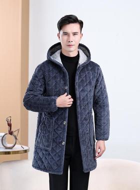 2025新款男士爸爸装冬季加绒特厚罩衣中老年中长款连帽子棉衣棉服