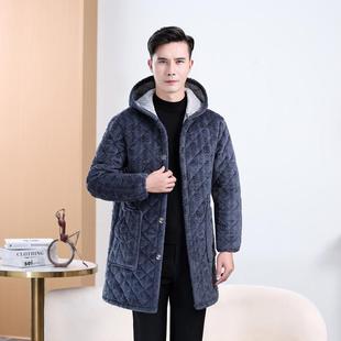 加绒加厚罩衣中老年中长款 2026新款 春季 爸爸装 连帽子棉衣棉服 男士