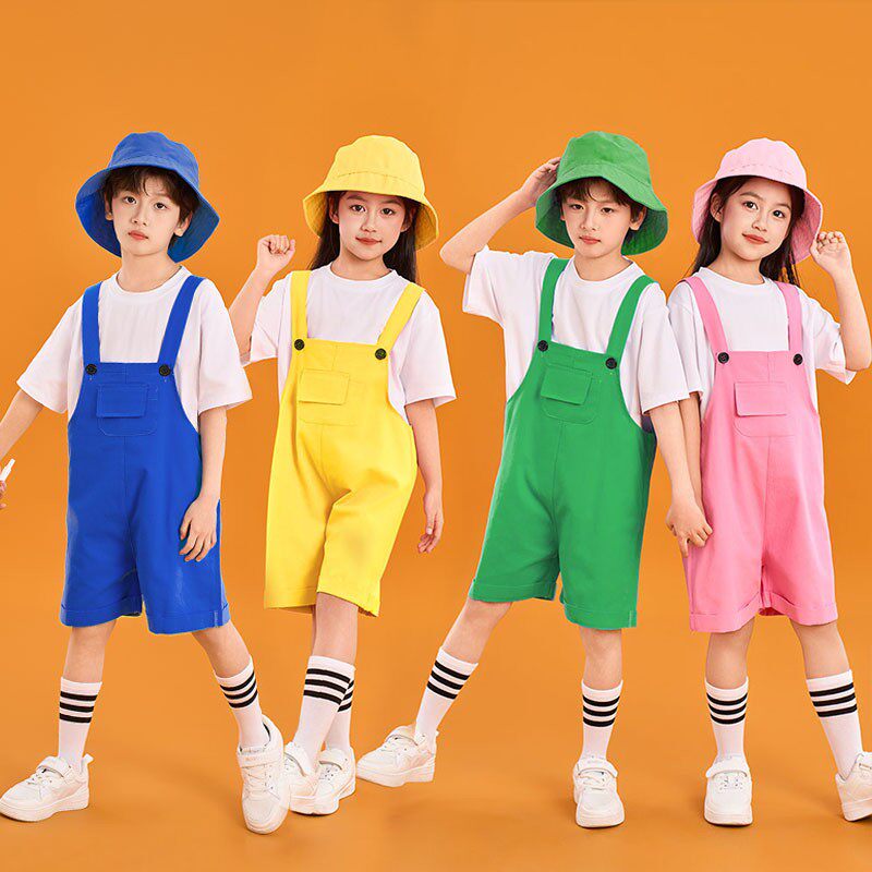 男女童糖果色背带裤儿童休闲短裤学生幼儿园演出五分裤吊带裤橘黄