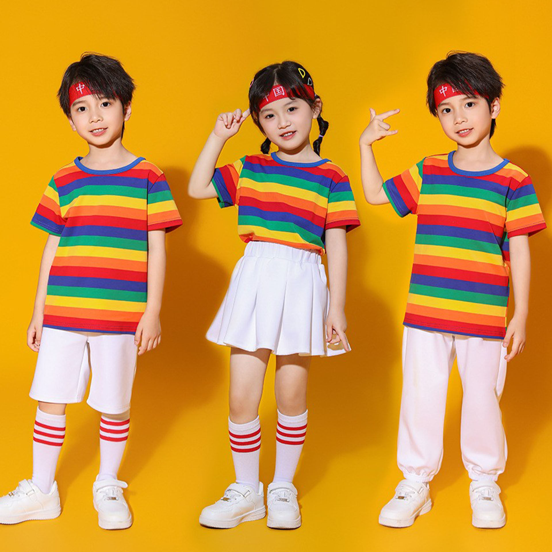 男女童彩虹条纹短袖体血衫儿童纯棉半袖白色短裙幼儿园演出亲子装