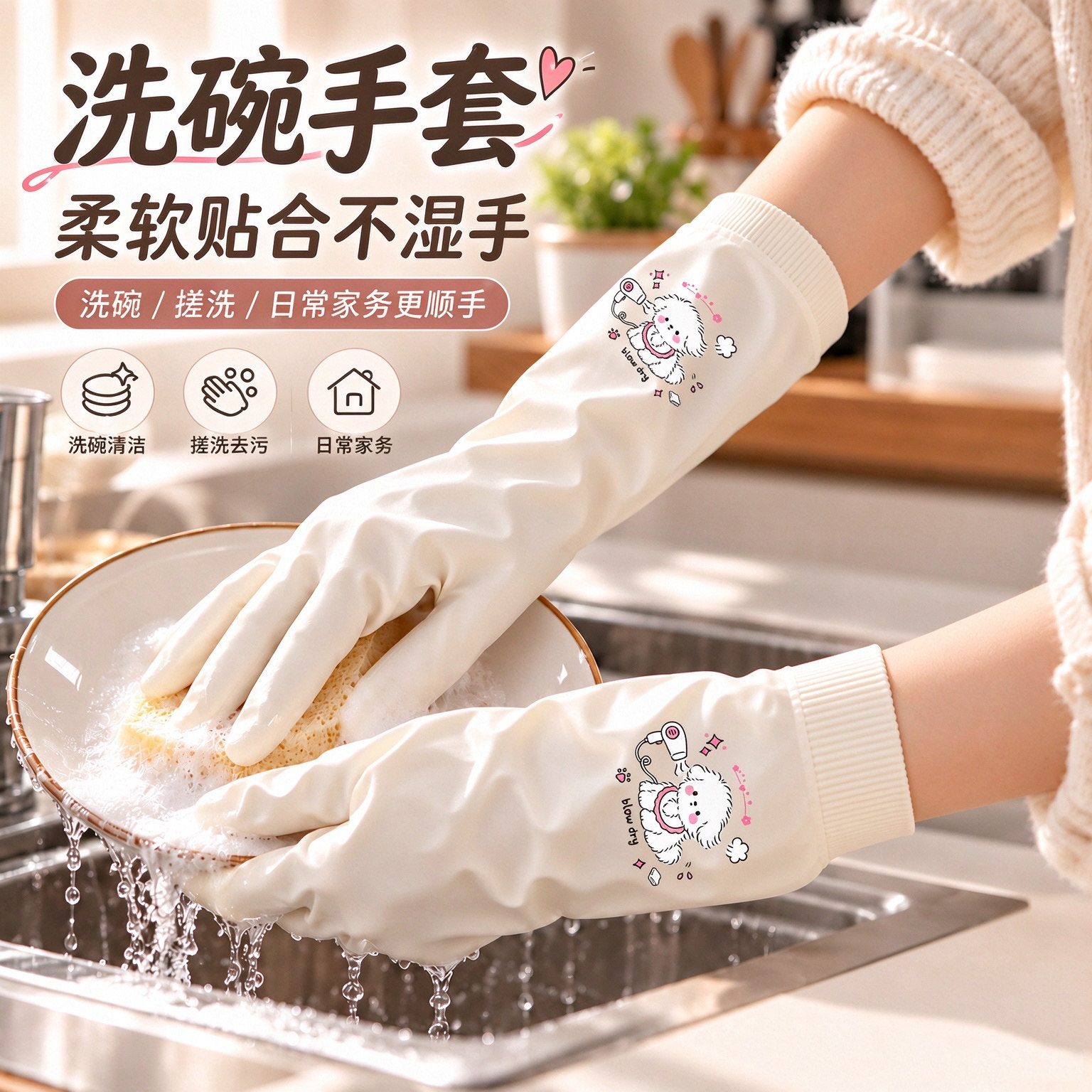 洗碗手套女防水橡胶加绒冬季厨房耐用型刷洗衣衣服皮家用加厚家务
