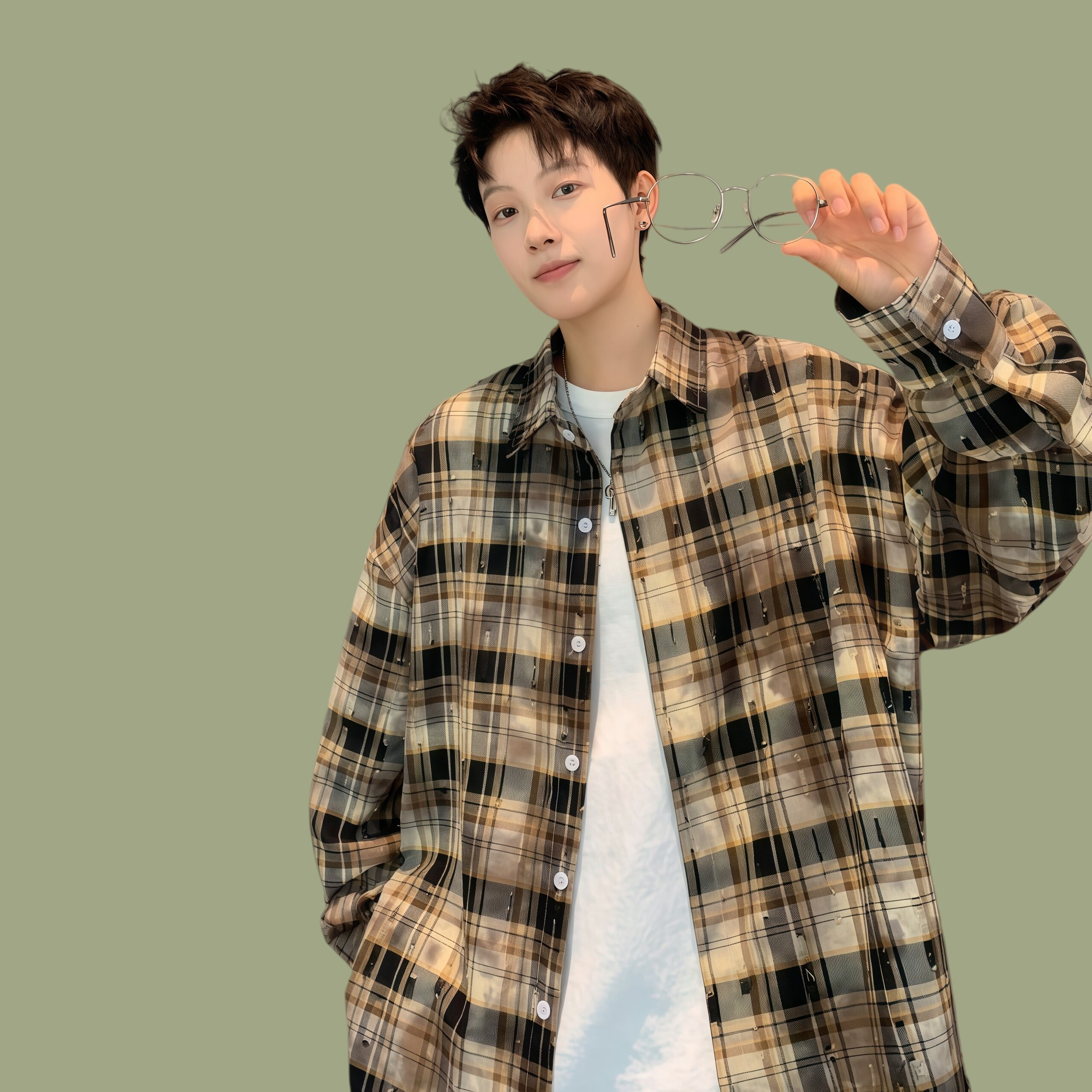 格子长袖衬衫男春秋宽松休闲复古老钱风磨毛做旧大码外穿衬衣外套