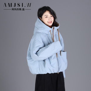 蓝色夹绒连帽加厚宽松棉服 新款 原创设计棉羊毛内胆外套女短款 冬季