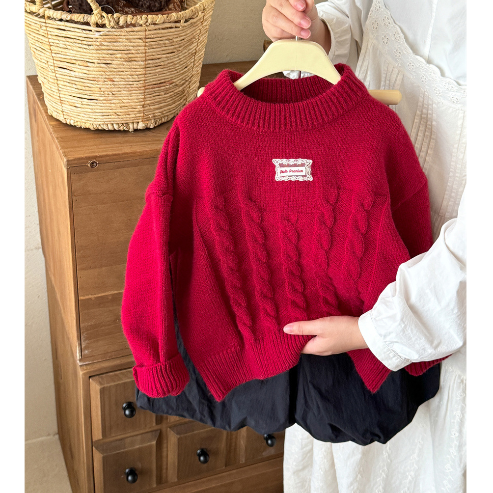女童麻花套头毛衣设计感贴布刺绣小女孩长袖上衣冬季新款宝宝针织