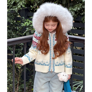 加厚宝宝毛线衣毛衣上衣 撞色针织开衫 女童费尔岛连帽外套冬季 新款