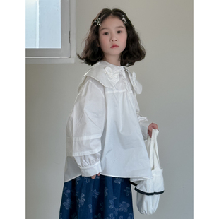 小女孩宽松衬衣外套花朵设计师娃娃衫 白色2025新款 春 长袖 女童衬衫