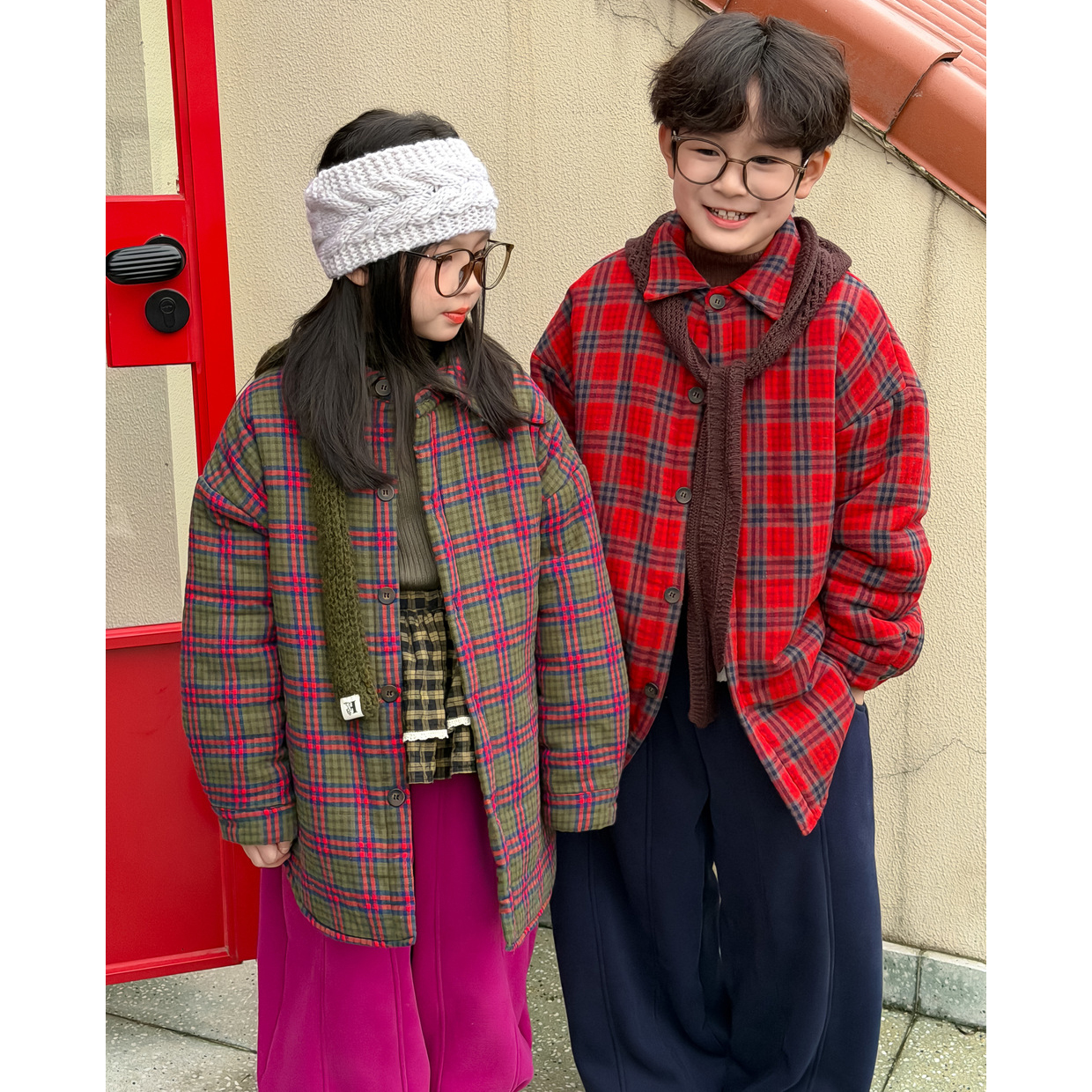 女童格子加棉衬衫中长款外套红色