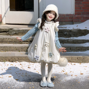 女童夹棉背心裙连衣裙冬季 小女孩花边花朵裙子宽松花苞裙洋气 新款