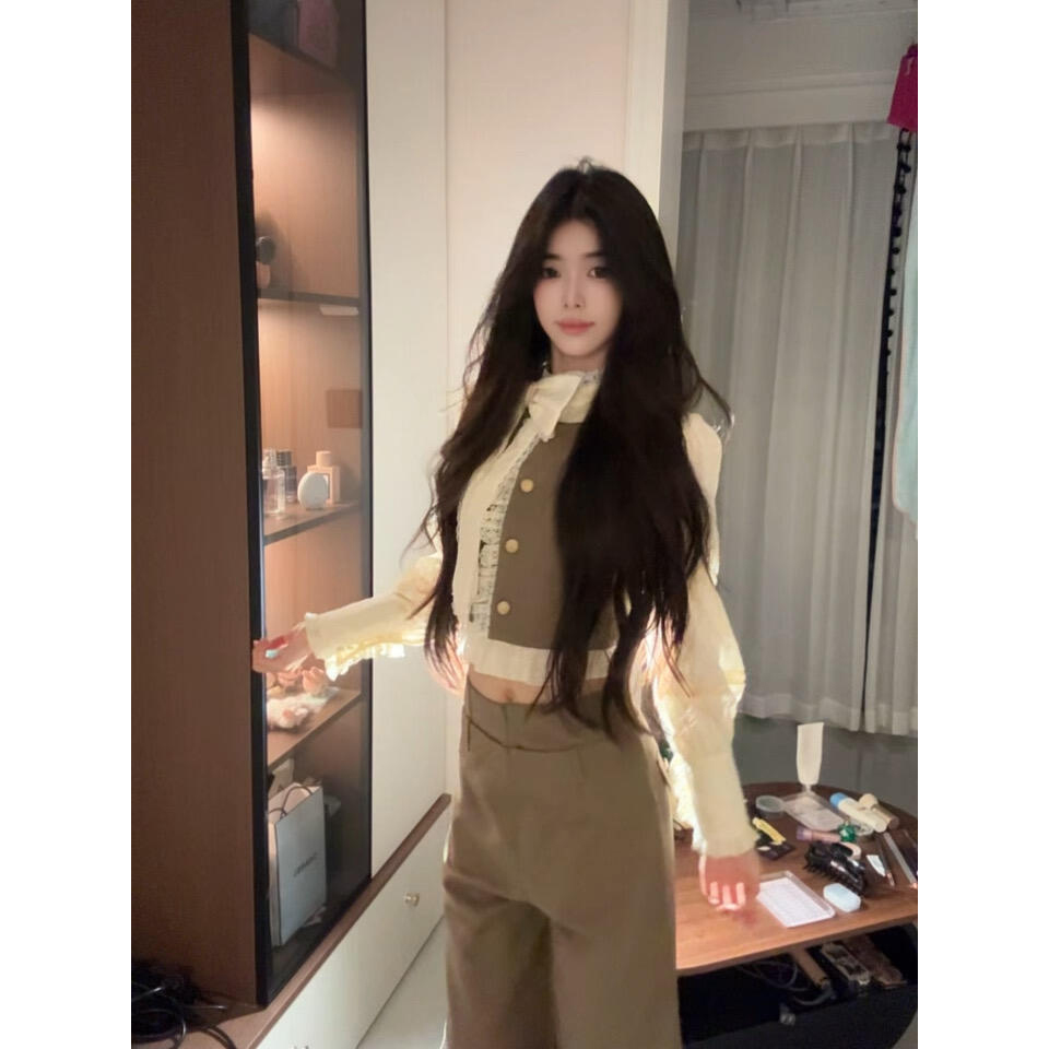 千金风法式衬衫阔腿裤套装女修身设计感职场穿搭韩系财阀大小姐