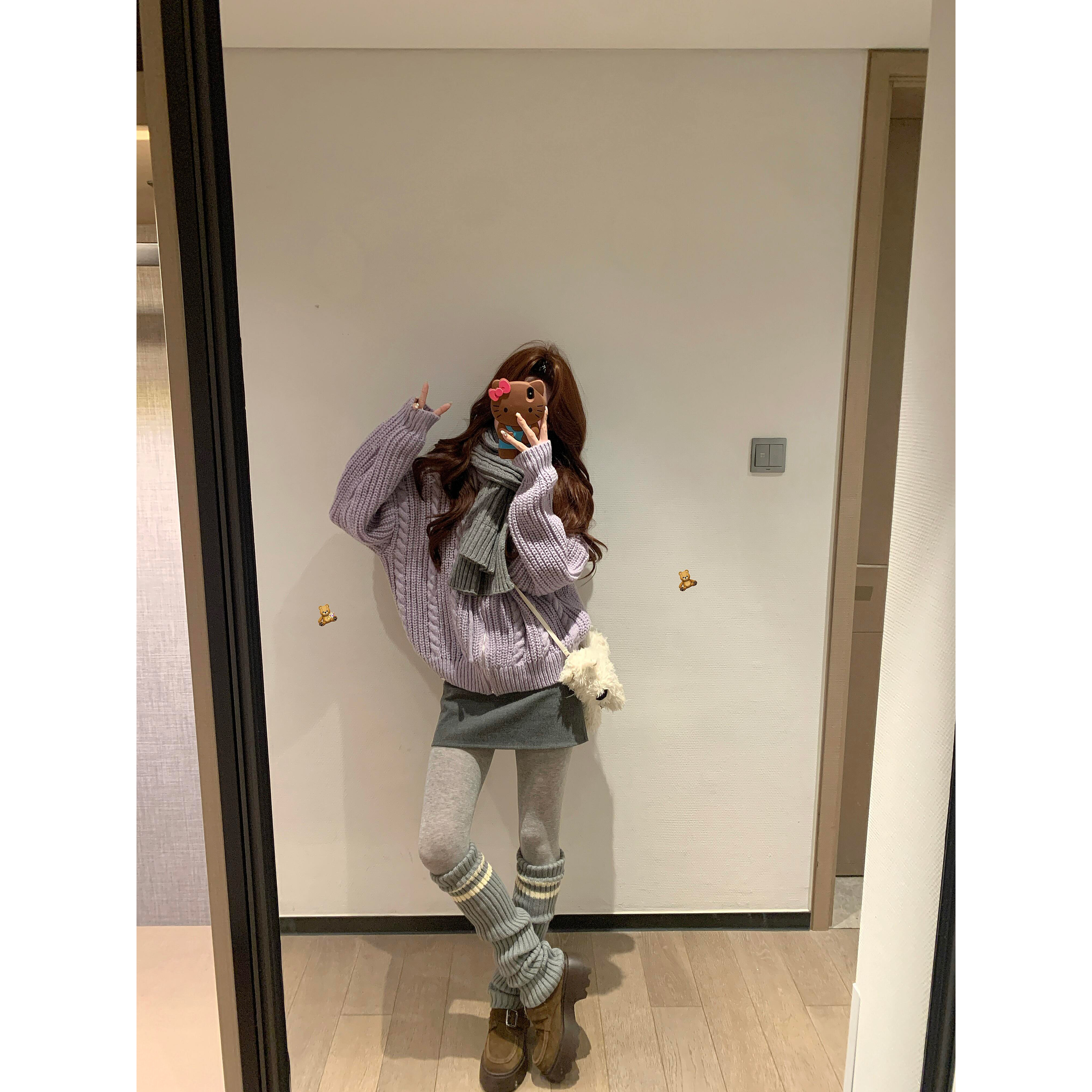 慵懒风软糯香芋紫色V领针织毛衣女宽松设计感长袖上衣松弛感休闲