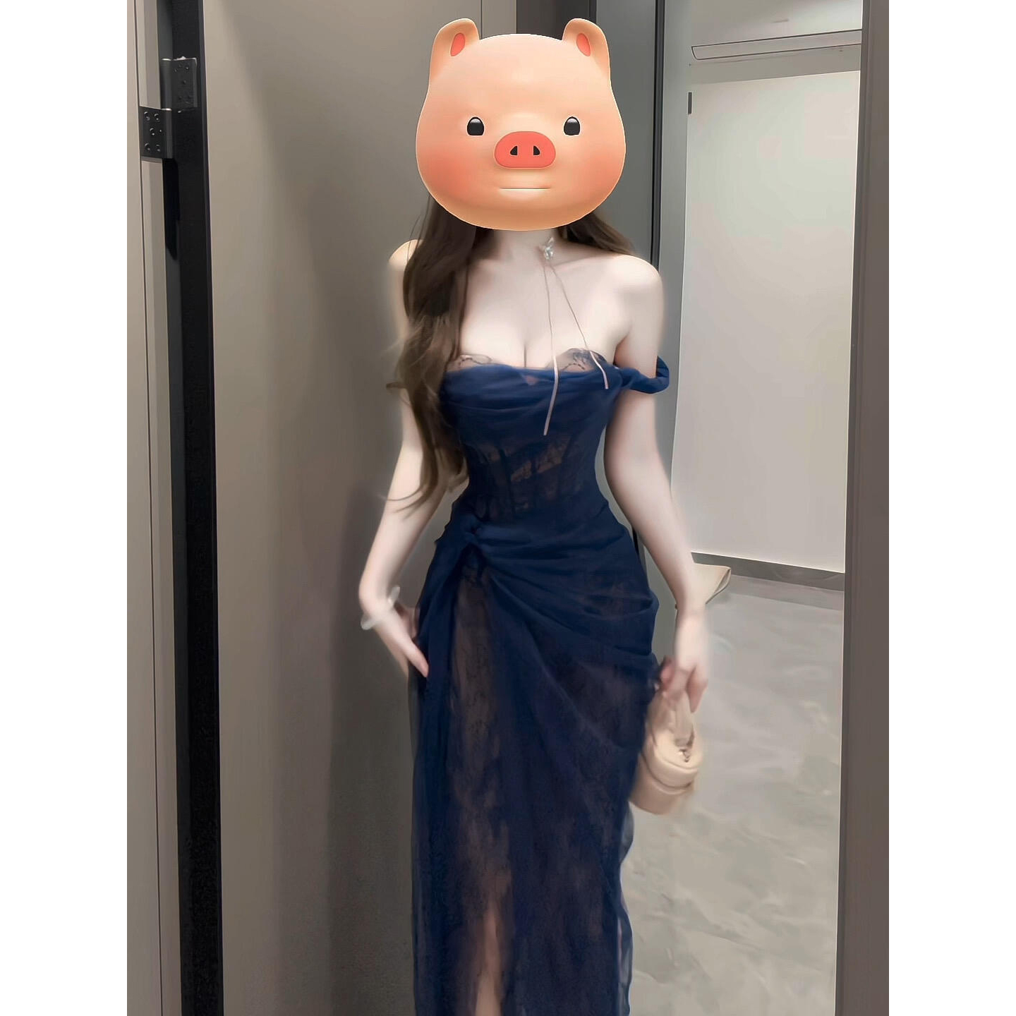 御姐蕾丝一字肩连衣裙女收腰高级感轻奢礼服细闪气质名媛法式纯欲