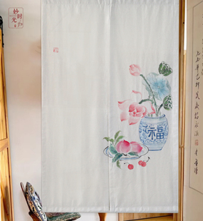 手绘门帘 中式 原创荷花桃子禅意水墨茶馆半帘小窗帘隔断帘免打孔