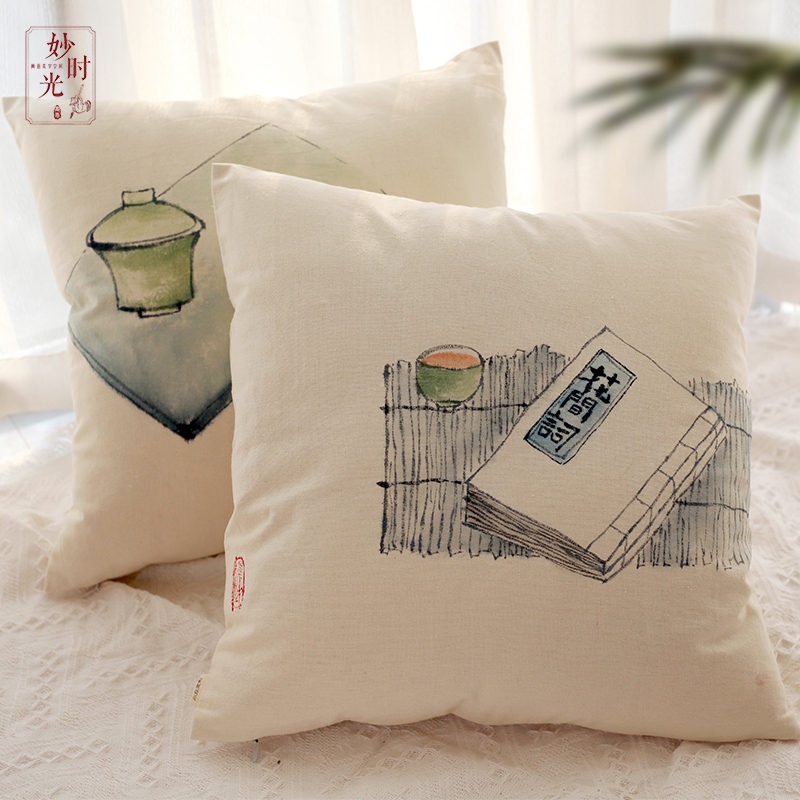 妙时光手绘新中式茶意抱枕