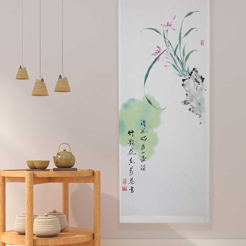 手绘幽兰门帘棉麻可定制