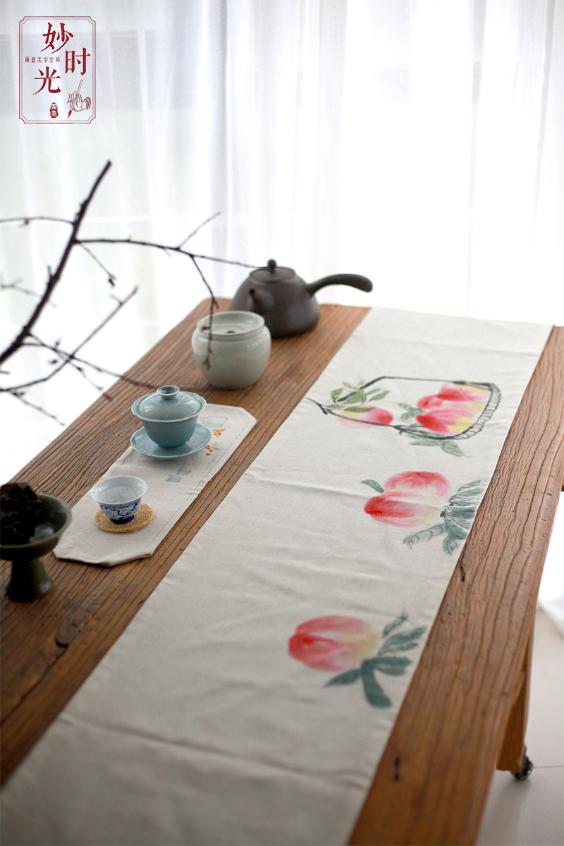 中式手绘干泡茶席 喜庆寿桃桌布桌旗茶社书桌装饰布古琴香道盖布