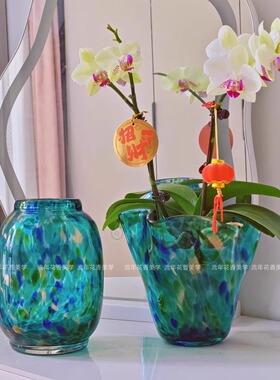 绿色彩点洒金收口手工玻璃水养花瓶小白菜蝴蝶兰蕨类套盆花器摆件