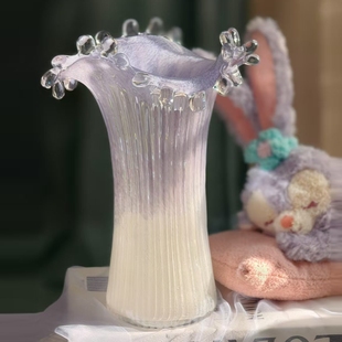 星黛露紫渐变白瓷色浪花水滴口风琴竖纹直筒玻璃花瓶水养花器摆件