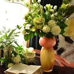 撞色奶油桃子渐变色蘑菇形百合多头玫瑰插花器纯手工彩色玻璃花瓶