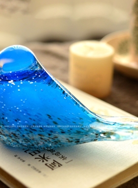 彩点气泡星空蓝扁尾玻璃小鸟摆件