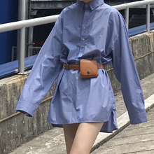 长袖 防晒蓝色衬衫 裙上衣女 金岔子2019秋季 韩国chic简约宽松中长款