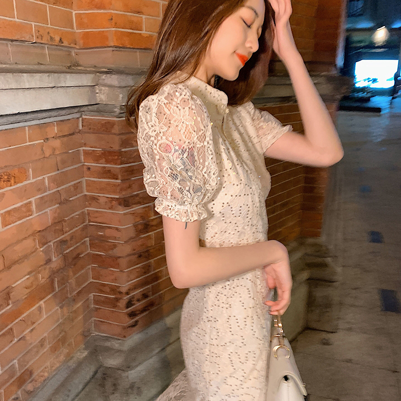 3阿姐家2021春季改良旗袍裙女中国风性感立领镂空蕾丝连衣裙