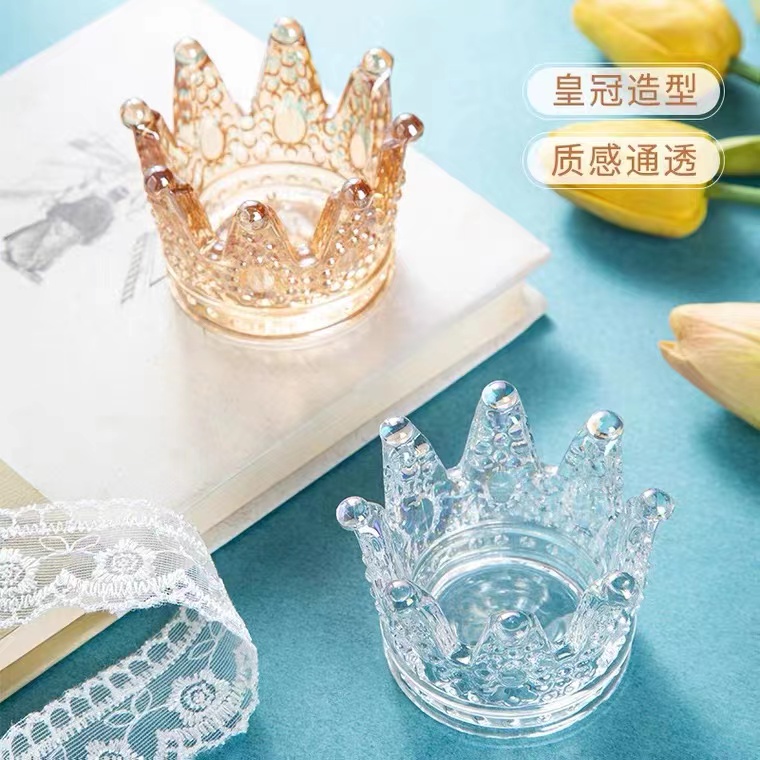 覆古欧式玻璃皇冠烛台装饰品桌面摆件水晶迷你烟灰缸饰品收纳