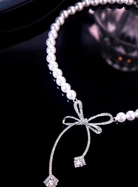 镶钻缠绕蝴蝶结花朵项链法式高级感爱心吊坠锁骨链优雅颈链颈饰女