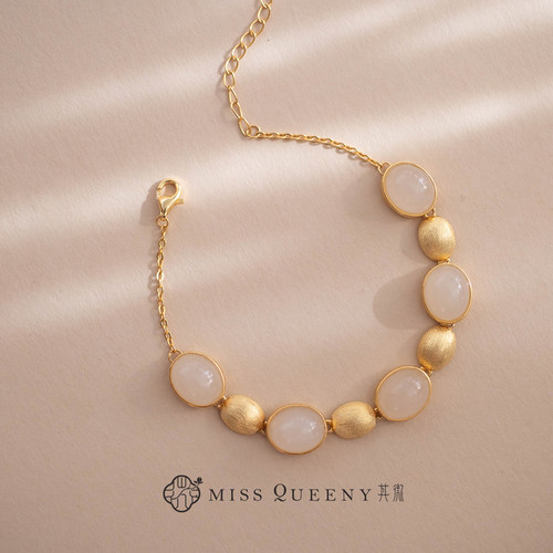 MissQueeny其微|和田玉藕粉手链拉丝纯银镀金百搭优雅新中式