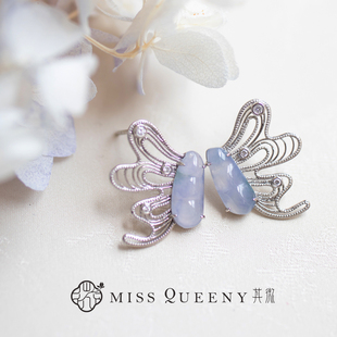 MissQueeny其微|蝶恋花冰紫翡翠豆荚蝴蝶铂金耳钉优雅精致缅料