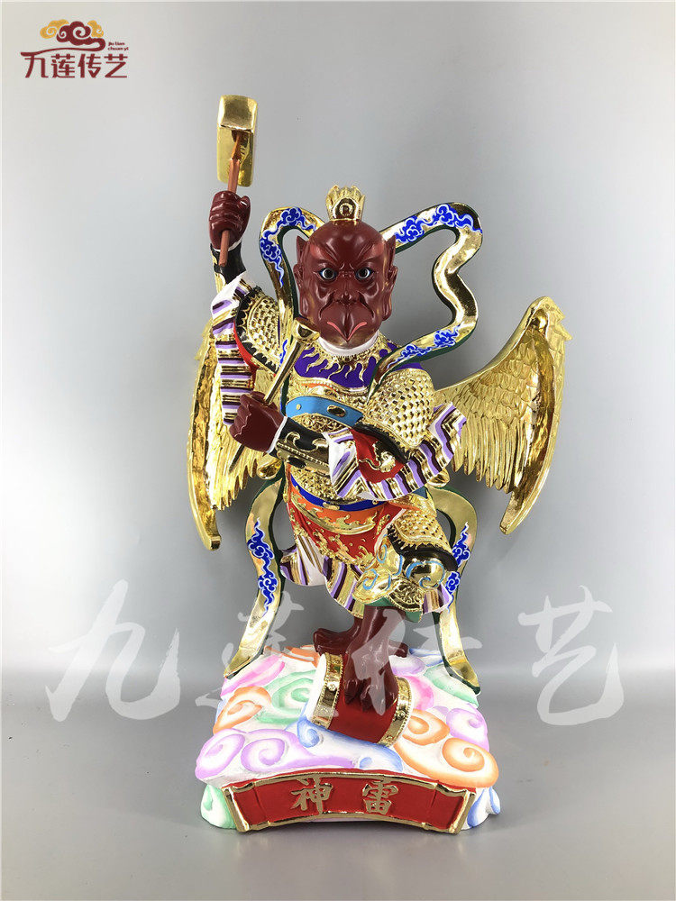 木雕神像雷公雷神雷震子香樟木手工线雕彩绘贴金传艺木雕供奉摆件