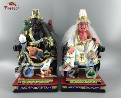七爷八爷黑白无常樟木古典漆线雕