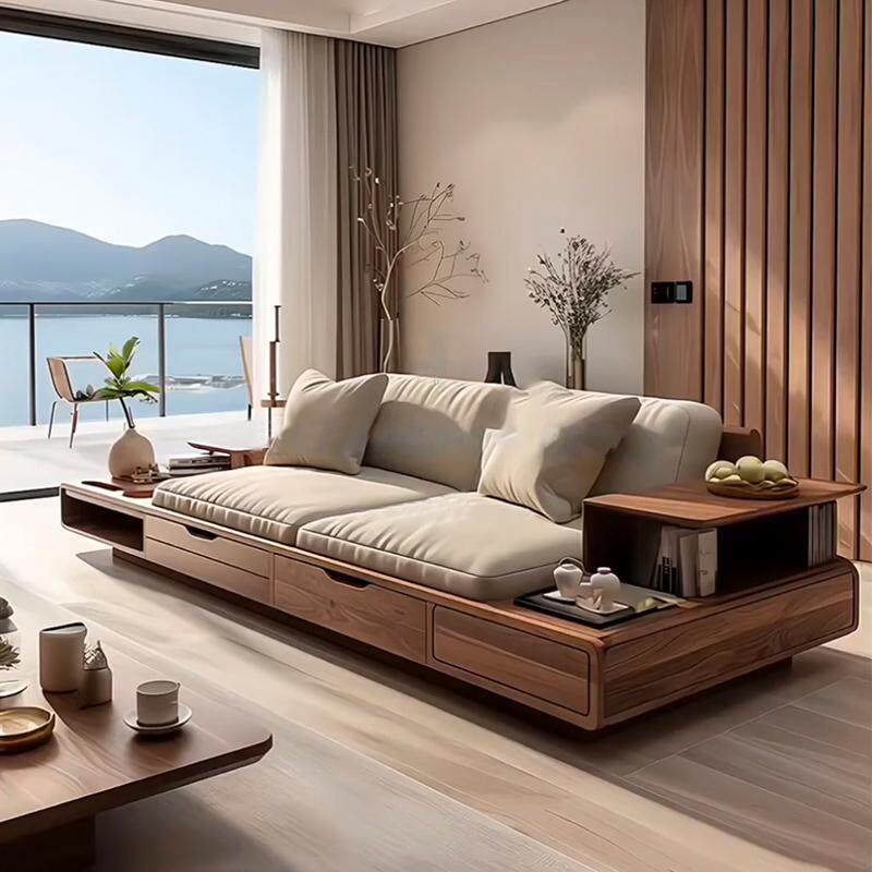 新中式三人位直排实木沙发现代简约2025新款黑胡桃木客厅布艺沙发