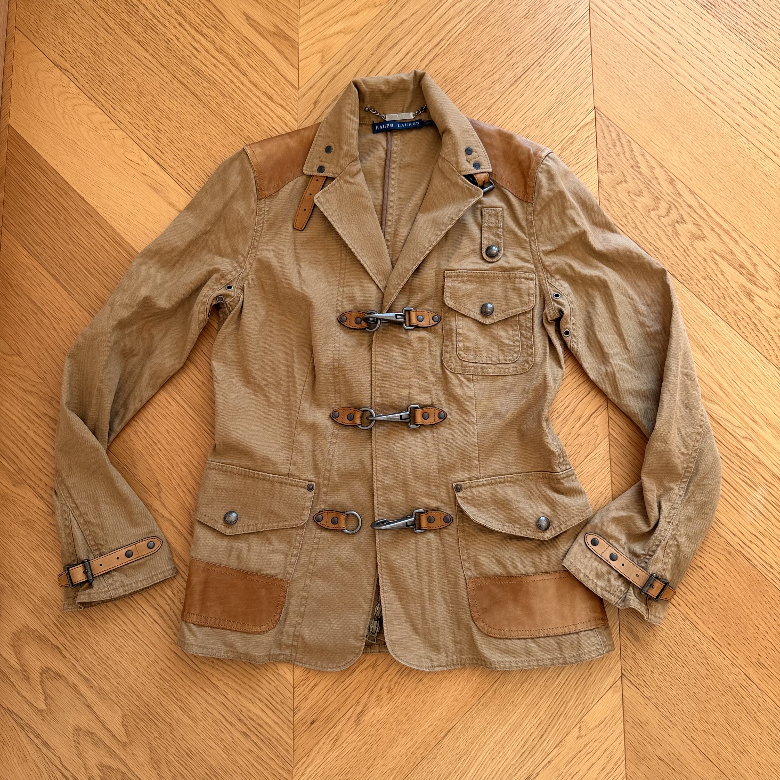 RL早期女款经典龙虾扣复古户外运动猎装小牛皮拼接夹克外套