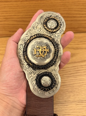 RL老款紫标复古经典西部三眼雕花做旧腰带皮带