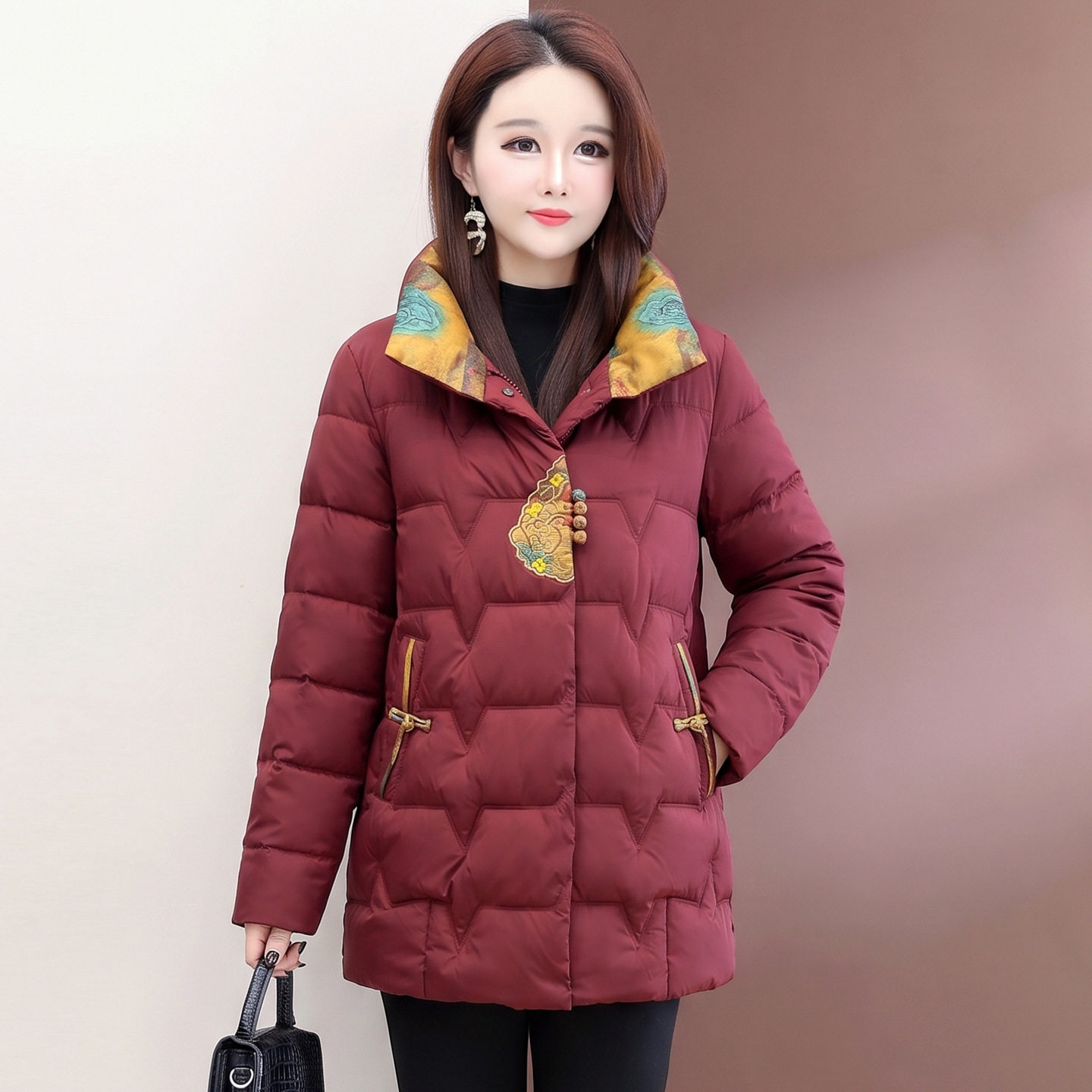 妈妈冬装羽绒棉服中年女装中长款棉衣加厚绣花棉袄中青年保暖上衣